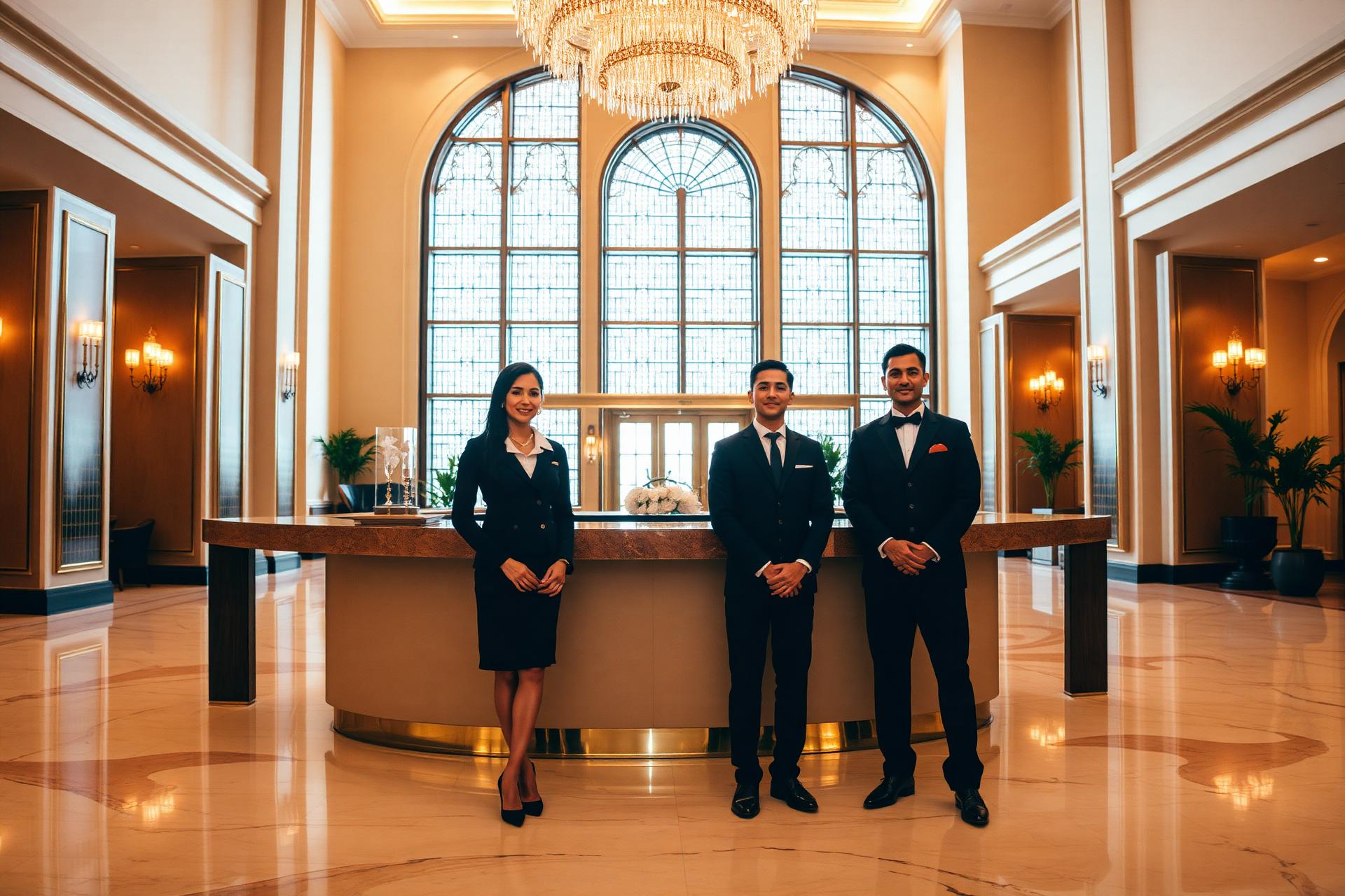 Professional hospitality staff in a luxury hotel lobby